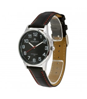 Zegarek męski kwarcowy czarny klasyczny skórzany pasek z czerwonym obszyciem C410