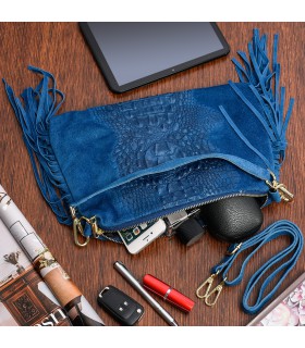 Niebieska damska włoska skórzana torebka frędzel pozioma Z24