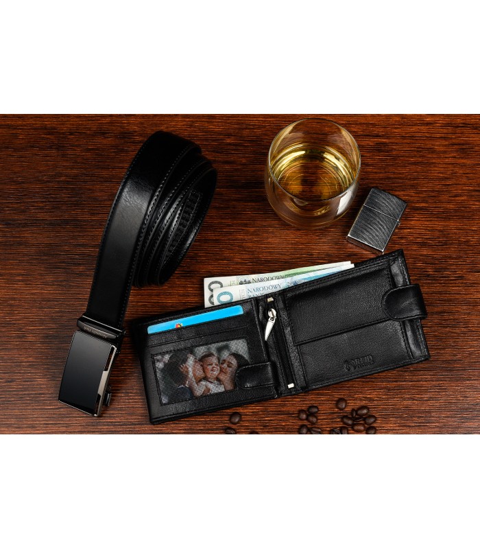 Zestaw prezentowy męski skórzany pasek portfel czarny poziomy Alessandro Paoli U65