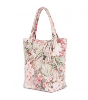 Pudrowo różowa włoska torebka skórzana w kwiaty A4 modna shopperka T49