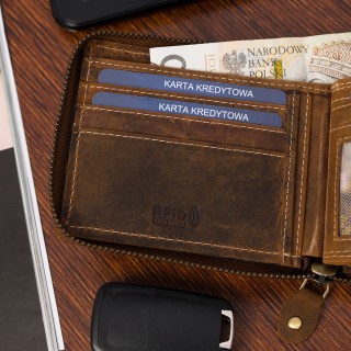 Portfel skórzany zasuwany duży poziomy RFiD nubuk jasny brąz Beltimore