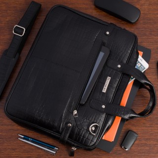Czarna torba skórzana croco laptop 15"6 aktówka A4 | Krateczka.pl