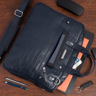 Granatowa torba skórzana croco laptop 15"6 aktówka A4 | Krateczka.pl