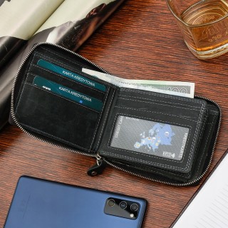 Zestaw pasek i Portfel skórzany zasuwany duży poziomy RFiD nubuk czarny Beltimore T79