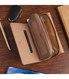 Beżowy elegancki portfel damski, lakierowany portfel dla niej