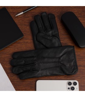 Czarne Rękawiczki skórzane męskie polar miś touch screen touch finger dotyk ekran BELTIMORE | Krateczka.pl