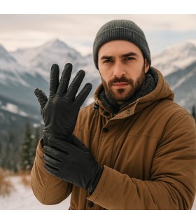 Czarne Rękawiczki skórzane męskie polar miś DOTYK  BELTIMORE | Krateczka.pl