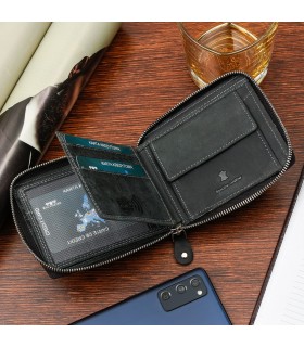 Portfel skórzany zasuwany duży poziomy RFiD nubuk czarny Beltimore H01