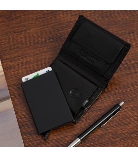Portfel skórzany męski z aluminiowym etui na karty czarne Beltimore P88 |krateczka.pl
