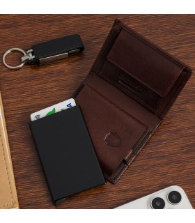 Portfel skórzany męski z aluminiowym etui na karty brązowe Beltimore P88 |krateczka.pl