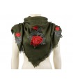 Khaki ciepła chusta damska szal z wyszywaną różą duża Q80