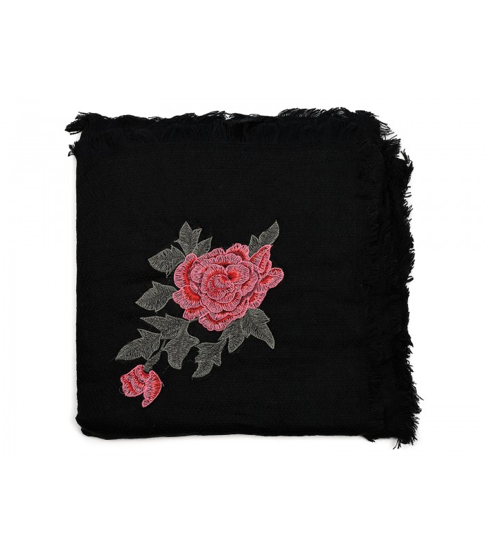 Czarna ciepła chusta damska szal z wyszywaną różą duża Q81