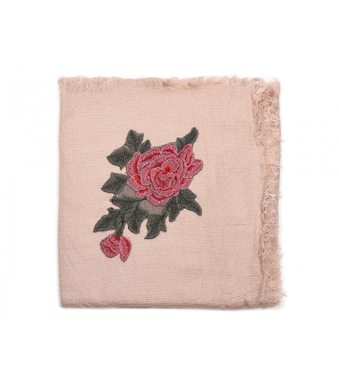 Różowa ciepła chusta damska szal z wyszywaną różą duża Q81