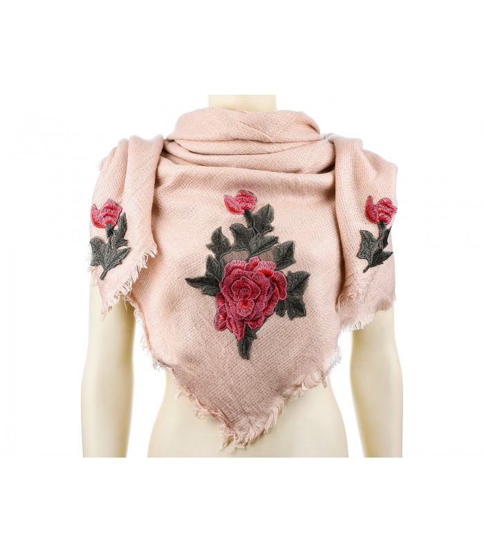 Różowa ciepła chusta damska szal z wyszywaną różą duża Q81