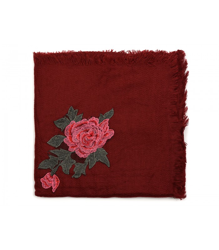 Bordowa ciepła chusta damska szal z wyszywaną różą duża Q81