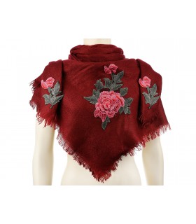 Bordowa ciepła chusta damska szal z wyszywaną różą duża Q81