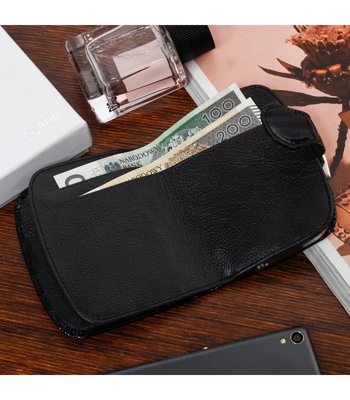 Czarny damski portfel skórzany RFID elegancki z pudełkiem Z15