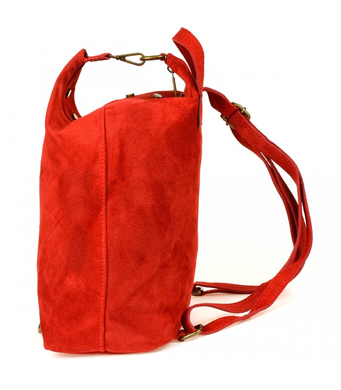 Czerwony Włoski Stylowy Plecak Damski Skórzany Zamsz A4 W01