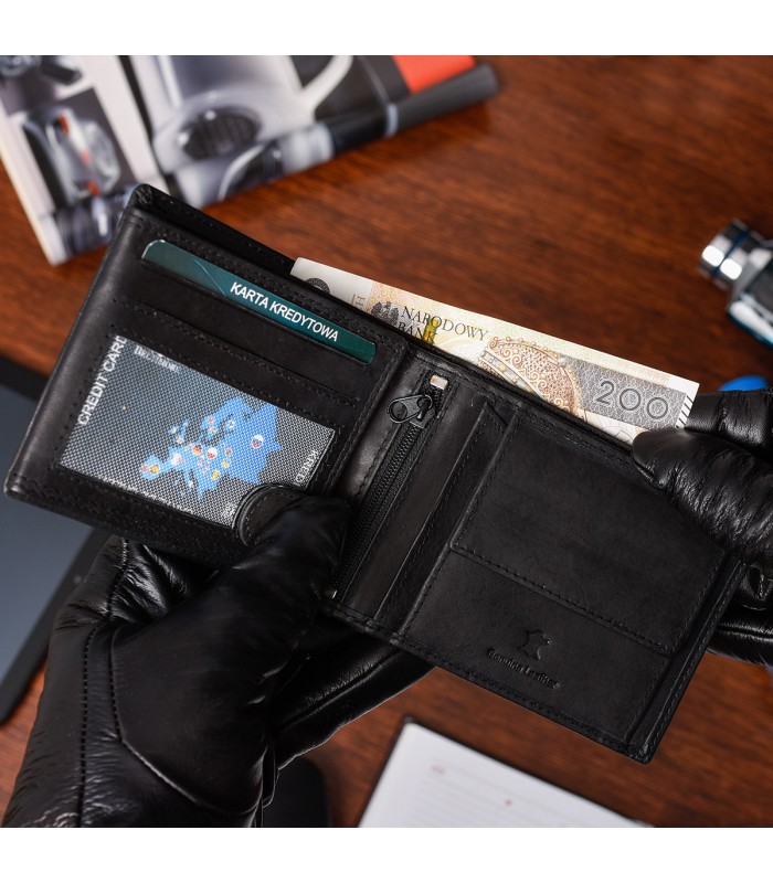 Zestaw męski skórzany portfel poziomy rękawiczki czarne Beltimore T87