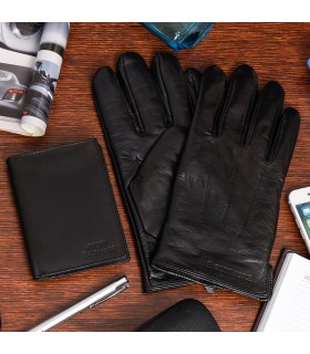 Zestaw męski skórzany portfel pionowy rękawiczki czarne Beltimore T83