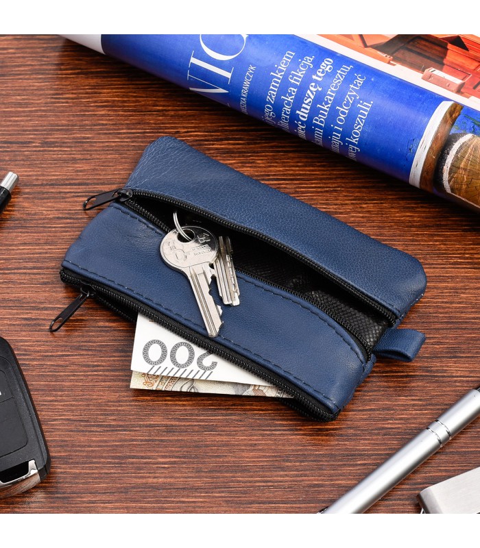 Etui na klucze duże trzykomorowe skórzane pojemne na karty Beltimore granatowe G86
