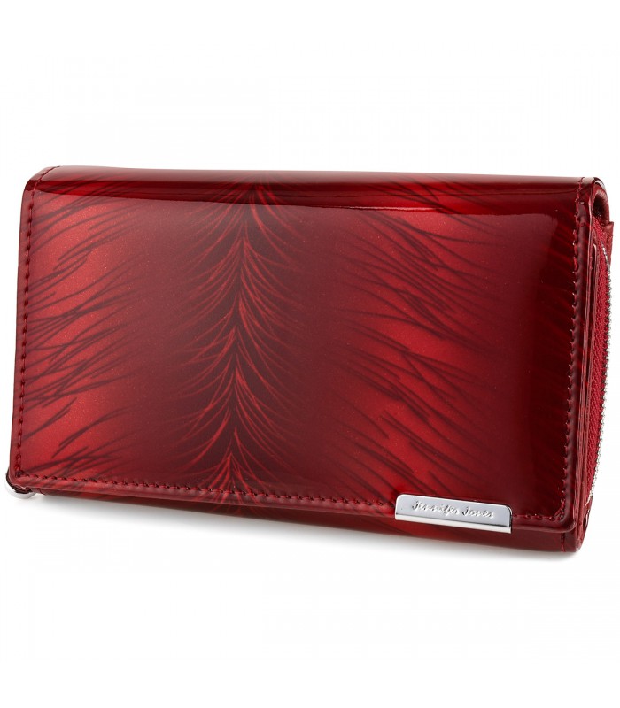 Skórzany portfel damski poziomy lakierowany elegancki duży czerwony w piórka 827