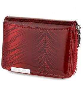 Skórzany portfel damski poziomy mały lakierowany czerwony w piórka 897