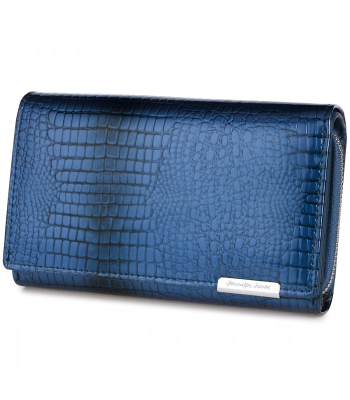 Niebieski skórzany lakierowany portfel damski CROCO 827