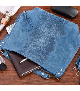 Jeansowa  torebka skórzana zamszowa CROCO shopper | Krateczka.pl