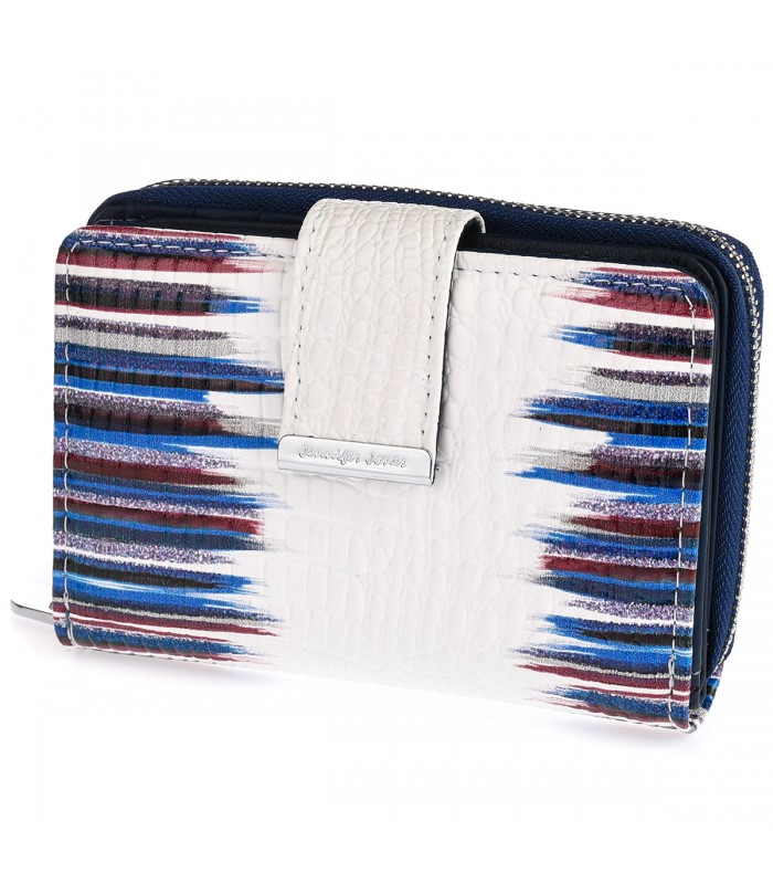 Skórzany portfel damski lakierowany elegancki modny biały w niebieskie pasy 826