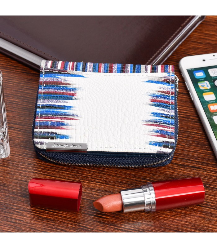 Skórzany portfel damski poziomy mały lakierowany biały w niebieskie pasy897