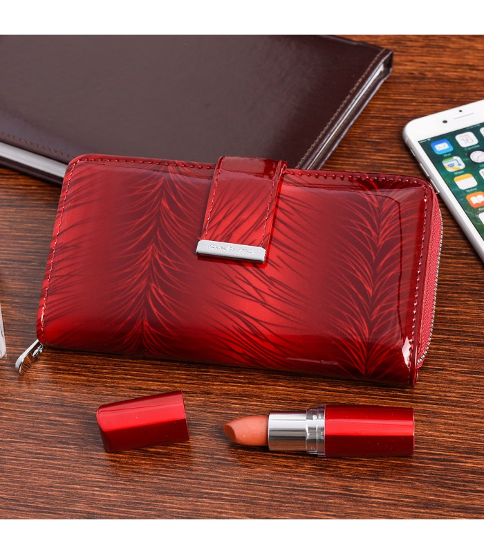Czerwony skórzany portfel damski lakierowany duży poziomy w piórka elegancki Jennifer Jones E72