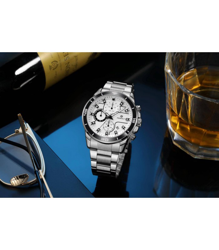 Srebrny elegancki zegarek męski bransoleta duży solidny Perfect CH02M
